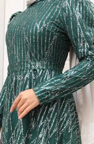 Sim Kaplama Kuşaklı Abiye Elbise 5613-01 Zümrüt Yeşili