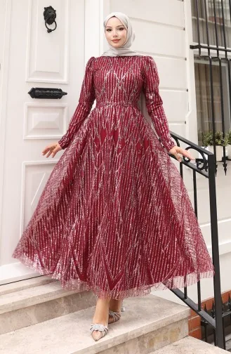 فستان سهرة بحزام مطلي باللمعان 5613-02 عنابي 5613-02