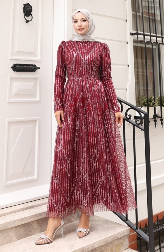 Sim Kaplama Kuşaklı Abiye Elbise 5613-02 Bordo