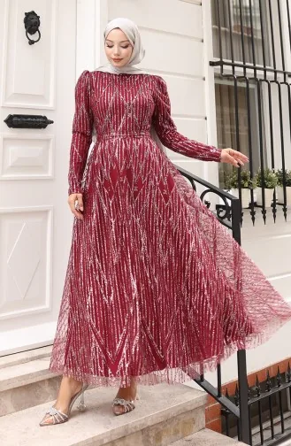 فستان سهرة بحزام مطلي باللمعان 5613-02 عنابي 5613-02