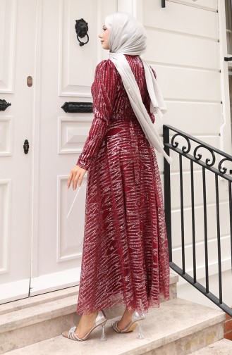Sim Kaplama Kuşaklı Abiye Elbise 5613-02 Bordo