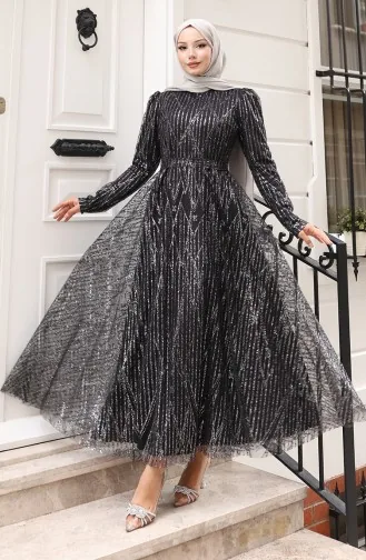 Glitter-Plated Belted Evening Dress 5613-03 Black 5613-03