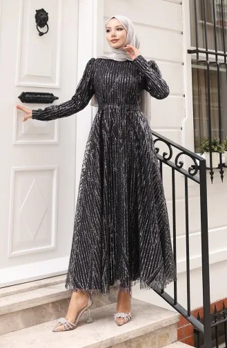 Glitter-Plated Belted Evening Dress 5613-03 Black 5613-03