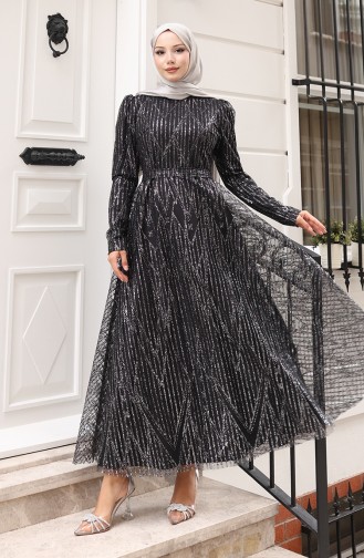 Sim Kaplama Kuşaklı Abiye Elbise 5613-03 Siyah