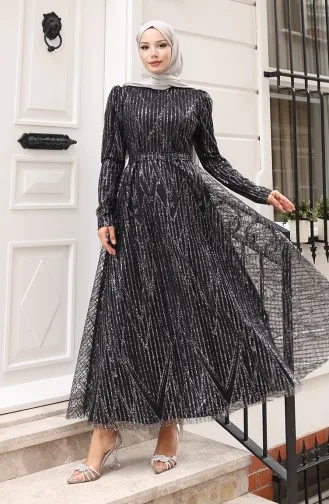 Glitter-Plated Belted Evening Dress 5613-03 Black 5613-03