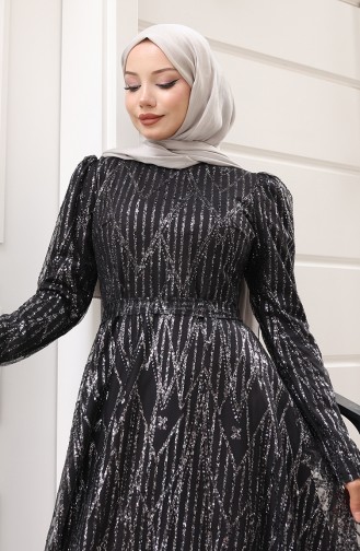 Sim Kaplama Kuşaklı Abiye Elbise 5613-03 Siyah