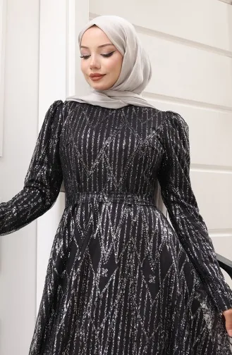 Glitter-Plated Belted Evening Dress 5613-03 Black 5613-03