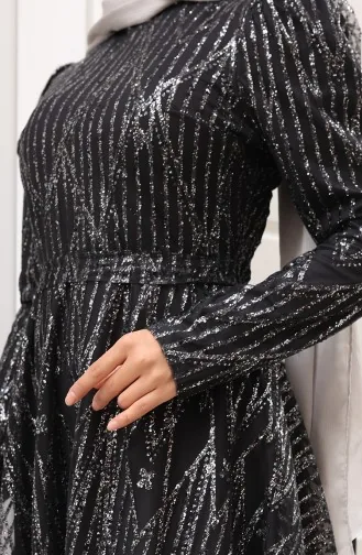 Glitter-Plated Belted Evening Dress 5613-03 Black 5613-03