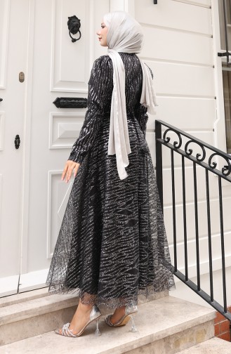 Sim Kaplama Kuşaklı Abiye Elbise 5613-03 Siyah