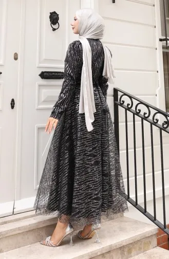 Glitter-Plated Belted Evening Dress 5613-03 Black 5613-03