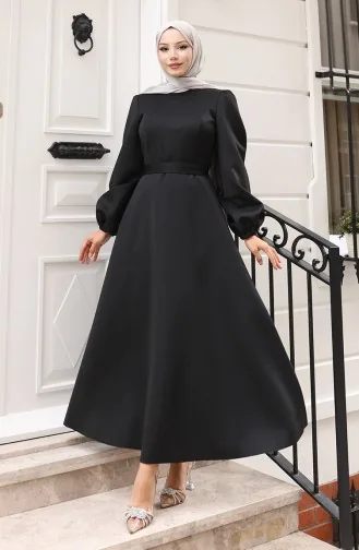 Eenvoudige Avondjurk Met Elastische Mouwen 5614-01 Zwart 5614-01