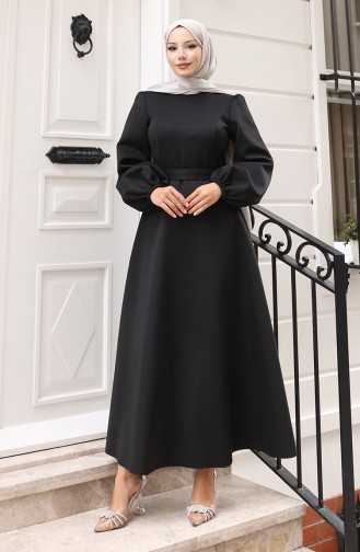 Kuplu Kolları Lastikli Sade Abiye Elbise 5614-01 Siyah