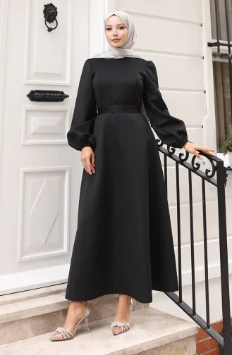 Eenvoudige Avondjurk Met Elastische Mouwen 5614-01 Zwart 5614-01