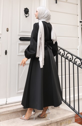 Kuplu Kolları Lastikli Sade Abiye Elbise 5614-01 Siyah