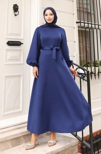 Simple Evening Dress With Elastic Sleeves 5614-03 Navy Blue 5614-03