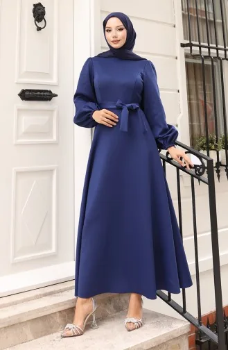 Simple Evening Dress With Elastic Sleeves 5614-03 Navy Blue 5614-03
