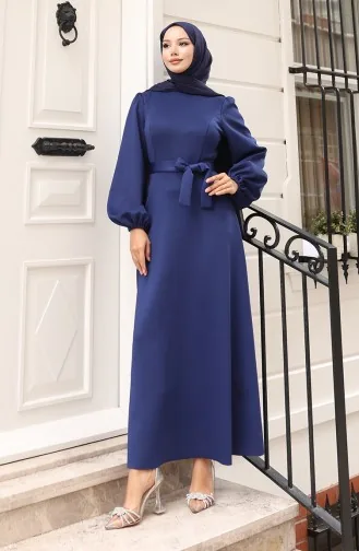 Simple Evening Dress With Elastic Sleeves 5614-03 Navy Blue 5614-03