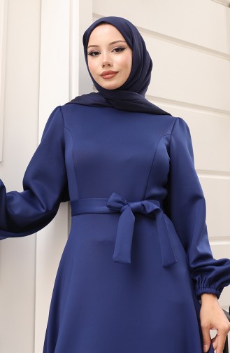 Kuplu Kolları Lastikli Sade Abiye Elbise 5614-03 Lacivert