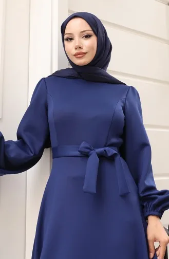 Simple Evening Dress With Elastic Sleeves 5614-03 Navy Blue 5614-03