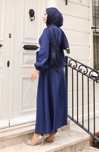 Simple Evening Dress With Elastic Sleeves 5614-03 Navy Blue 5614-03