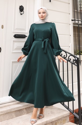 Kuplu Kolları Lastikli Sade Abiye Elbise 5614-04 Zümrüt Yeşili