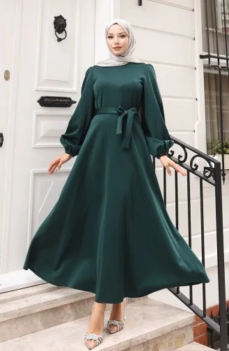 Kuplu Kolları Lastikli Sade Abiye Elbise 5614-04 Zümrüt Yeşili