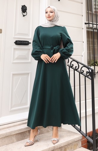 Kuplu Kolları Lastikli Sade Abiye Elbise 5614-04 Zümrüt Yeşili