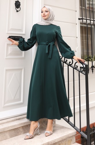 Kuplu Kolları Lastikli Sade Abiye Elbise 5614-04 Zümrüt Yeşili