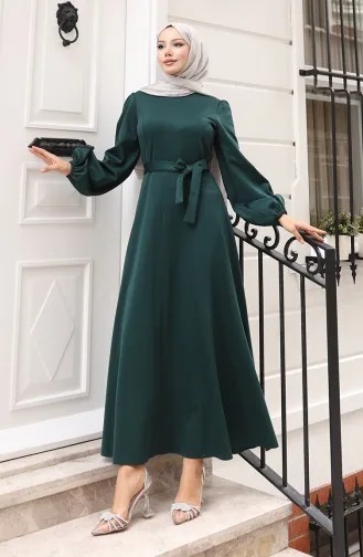 Kuplu Kolları Lastikli Sade Abiye Elbise 5614-04 Zümrüt Yeşili