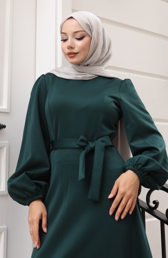Kuplu Kolları Lastikli Sade Abiye Elbise 5614-04 Zümrüt Yeşili