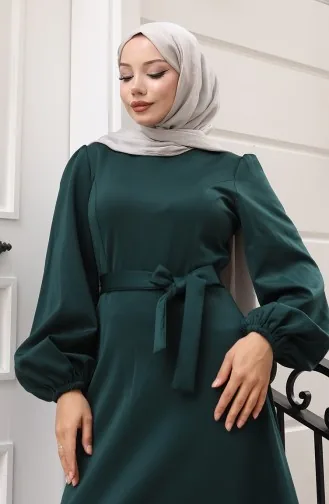 Kuplu Kolları Lastikli Sade Abiye Elbise 5614-04 Zümrüt Yeşili