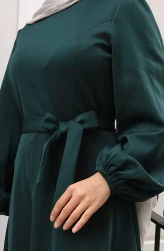 Kuplu Kolları Lastikli Sade Abiye Elbise 5614-04 Zümrüt Yeşili