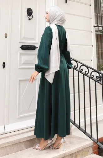 Kuplu Kolları Lastikli Sade Abiye Elbise 5614-04 Zümrüt Yeşili