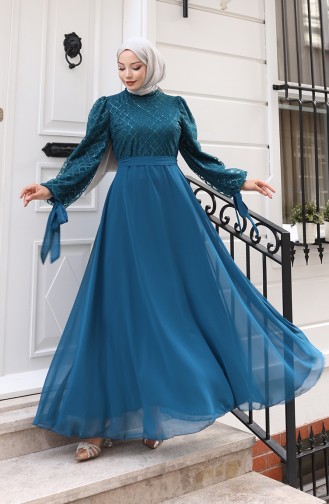 Paillettenbesetztes Chiffon-Abendkleid Mit Gürtel Modell 5617-01 Petrolblau 5617-01