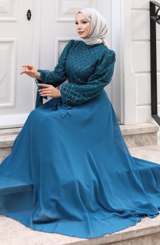 Paillettenbesetztes Chiffon-Abendkleid Mit Gürtel Modell 5617-01 Petrolblau 5617-01