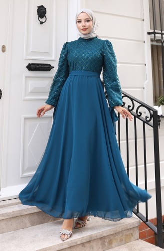 Paillettenbesetztes Chiffon-Abendkleid Mit Gürtel Modell 5617-01 Petrolblau 5617-01
