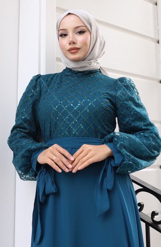 Paillettenbesetztes Chiffon-Abendkleid Mit Gürtel Modell 5617-01 Petrolblau 5617-01