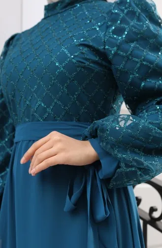 Pullu Kuşaklı Şifon Abiye Elbise 5617-01 Petrol mavisi