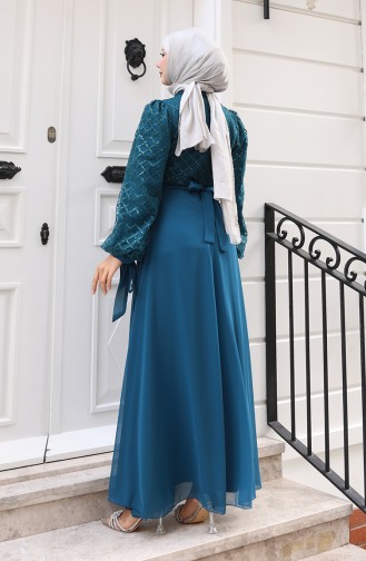 Paillettenbesetztes Chiffon-Abendkleid Mit Gürtel Modell 5617-01 Petrolblau 5617-01