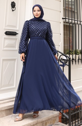 Paillettenbesetztes Chiffon-Abendkleid Mit Gürtel Modell 5617-02 Marineblau 5617-02