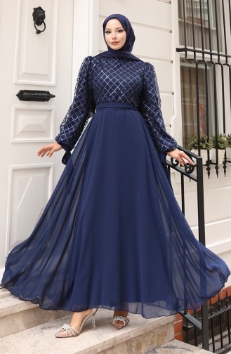 Paillettenbesetztes Chiffon-Abendkleid Mit Gürtel Modell 5617-02 Marineblau 5617-02