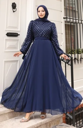 Sequined Belted Chiffon Evening Dress 5617-02 Navy Blue 5617-02