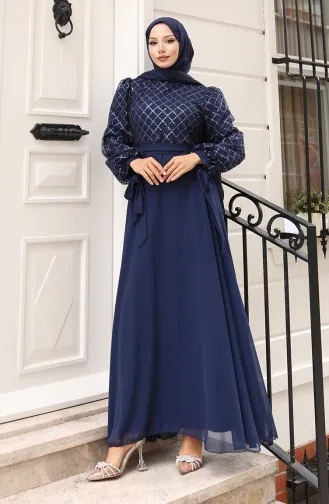 Sequined Belted Chiffon Evening Dress 5617-02 Navy Blue 5617-02