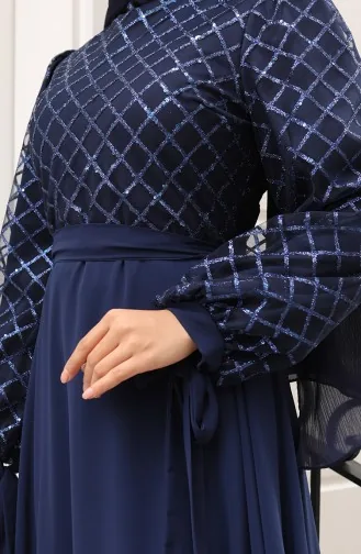 Sequined Belted Chiffon Evening Dress 5617-02 Navy Blue 5617-02