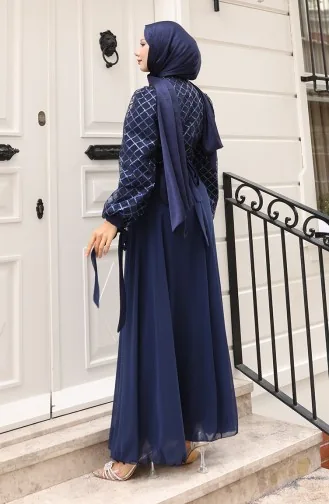 Sequined Belted Chiffon Evening Dress 5617-02 Navy Blue 5617-02