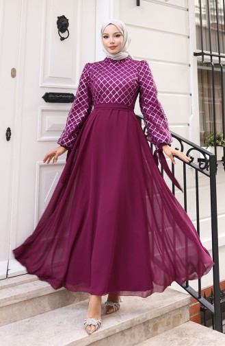 Pullu Kuşaklı Şifon Abiye Elbise 5617-03 Mor