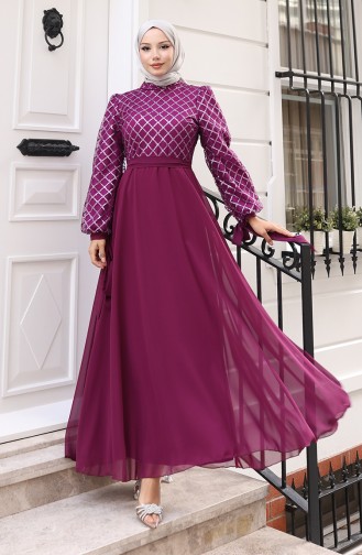 Pullu Kuşaklı Şifon Abiye Elbise 5617-03 Mor