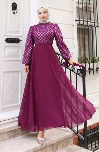 Sequined Belted Chiffon Evening Dress 5617-03 Purple 5617-03