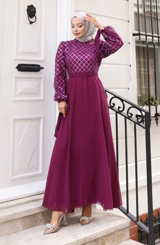 Sequined Belted Chiffon Evening Dress 5617-03 Purple 5617-03