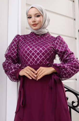 Pullu Kuşaklı Şifon Abiye Elbise 5617-03 Mor